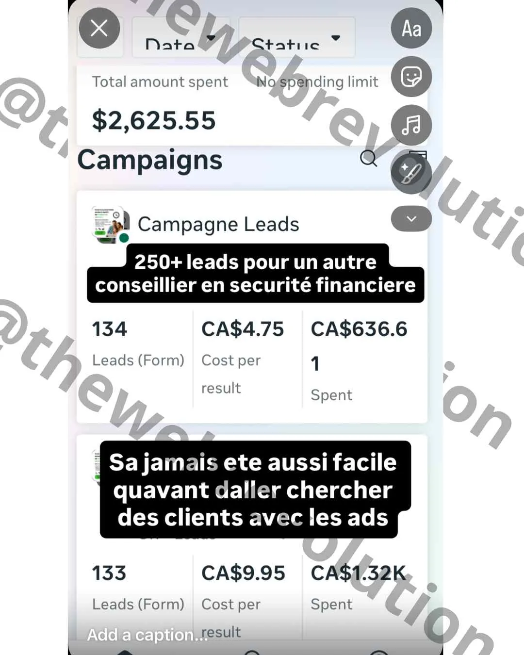 Résultat client The Web Revolution, capture de campagne