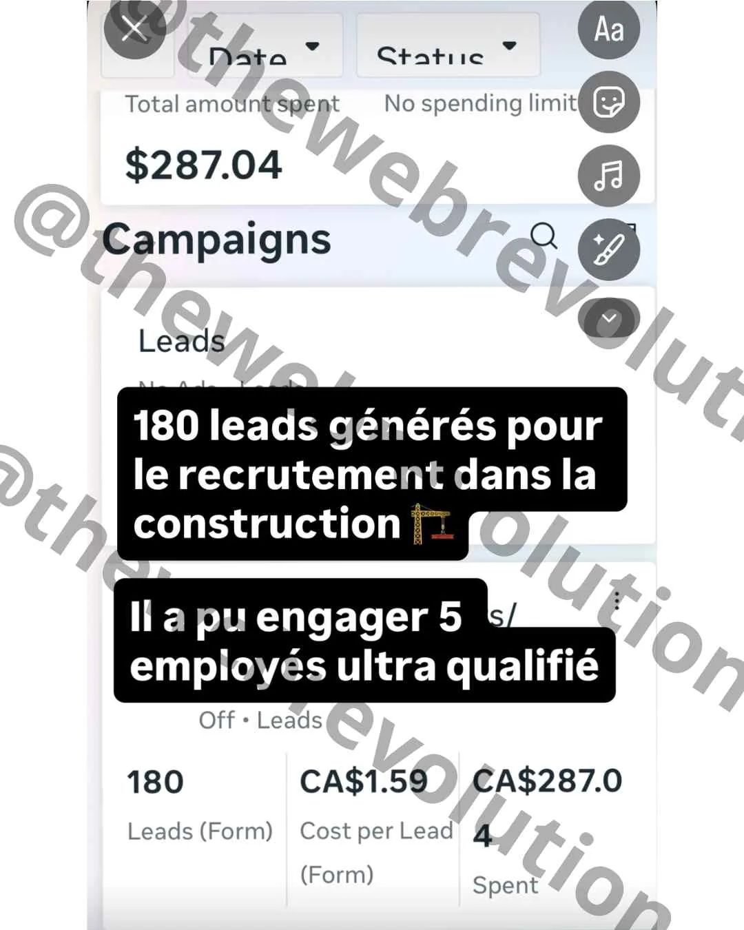 Résultat client The Web Revolution, capture de campagne