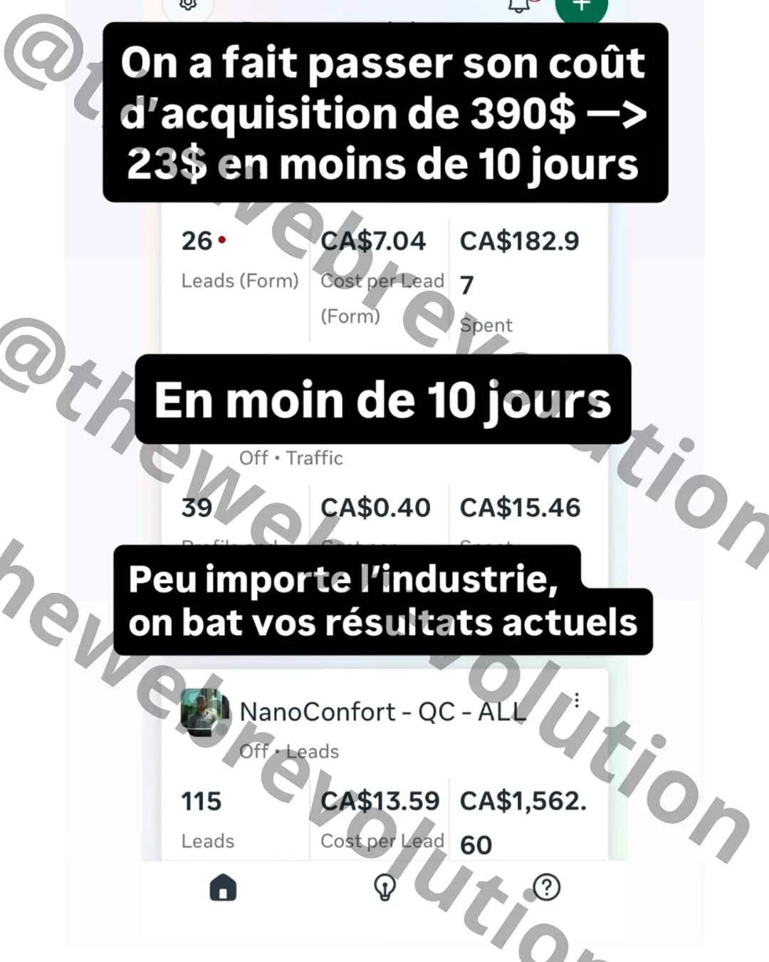 Résultat client The Web Revolution, capture de campagne