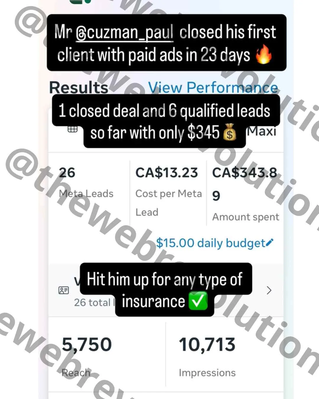 Résultat client The Web Revolution, capture de campagne