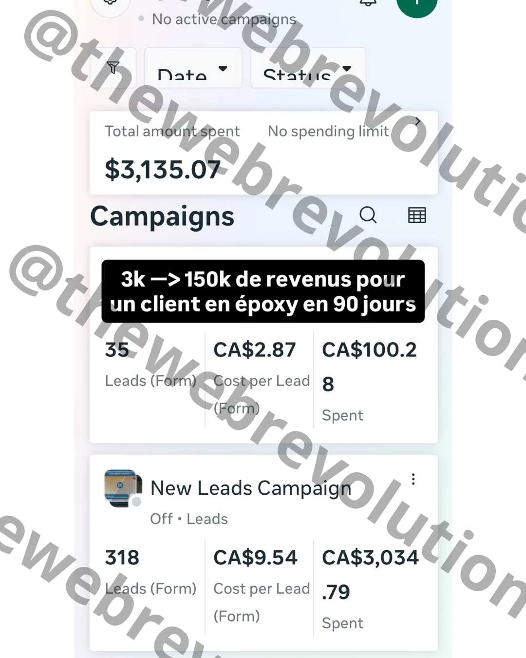 Résultat client The Web Revolution, capture de campagne