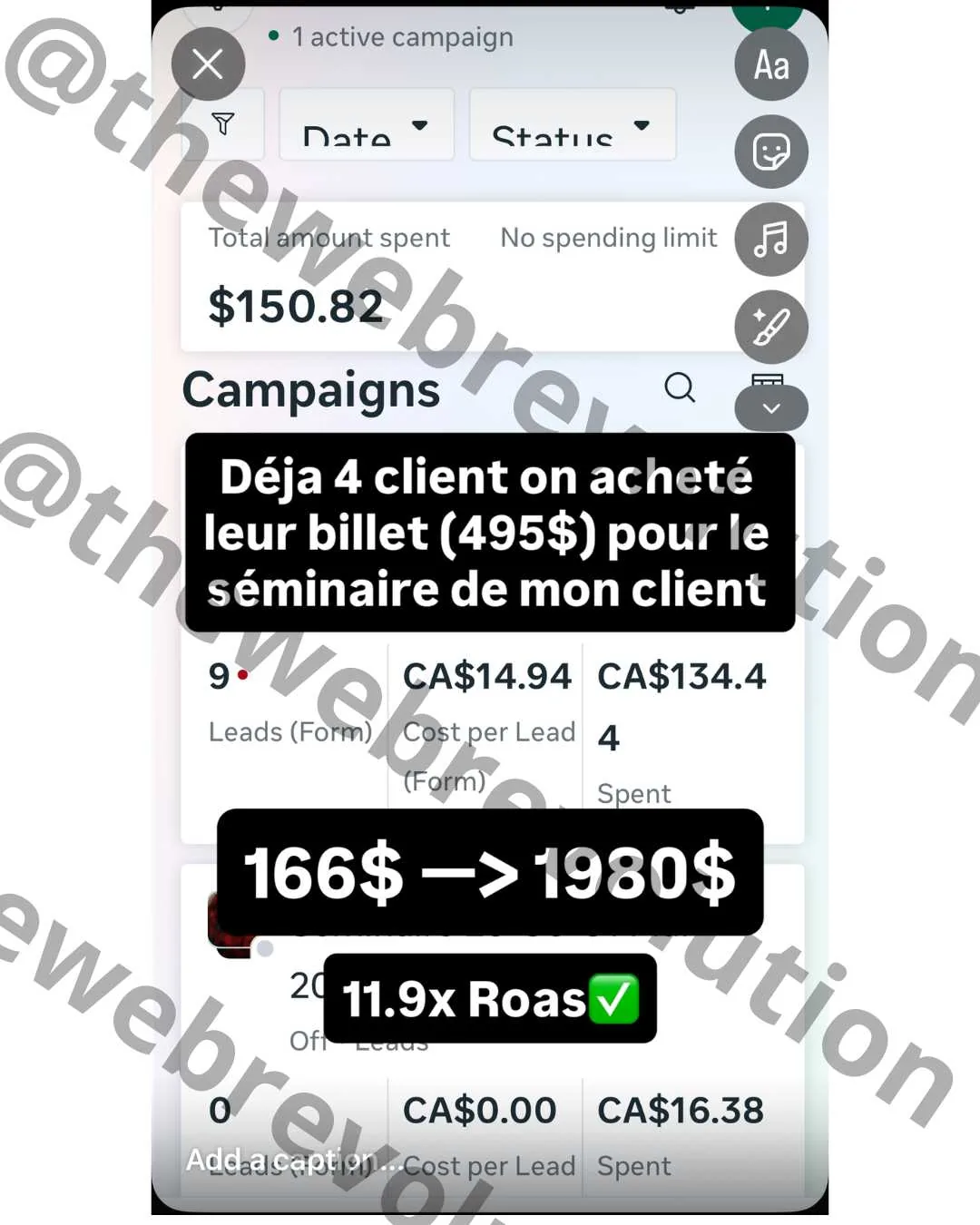 Résultat client The Web Revolution, capture de campagne