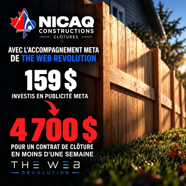 NICAQ Constructions · Avec l’accompagnement Meta de The Web Revolution : 159 $ investis en publicité Meta → un contrat de clôture de 4 700 $, en moins d’une semaine.